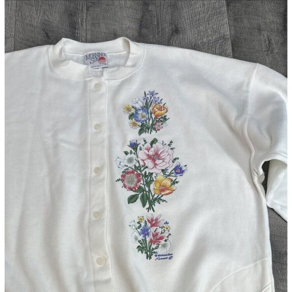 Vintage Morning‎ Sun Sweatshirt Grandma Flower Button Up White USA Made NEW - Picture 6 of 12